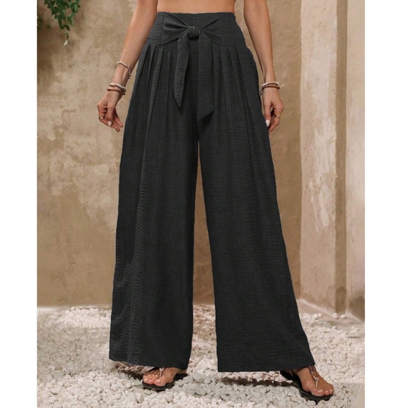 Classic Solid Wide Leg High Waisted Smocked Tie Pants - Picture 7 of 8